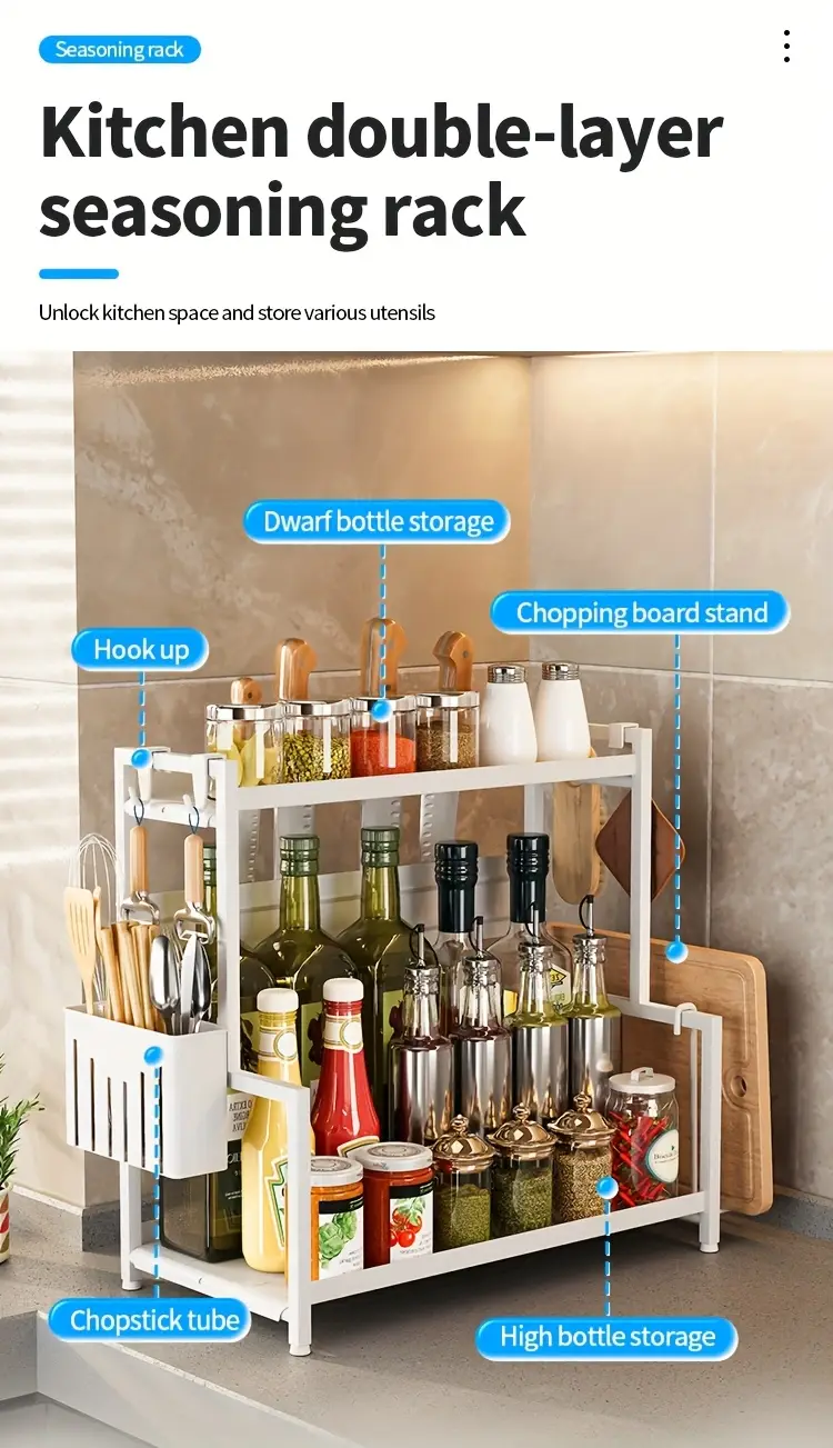 2 tier carbon steel spice rack organizer with utensil holder cutting board storage white metal kitchen countertop organizer for spices knives and cutting tools spices organizers and storage Product details 3