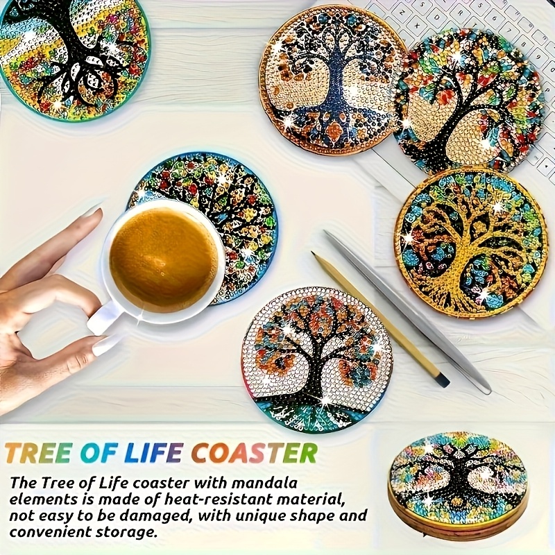 Image of An 8pcs Diamond Painting Set, Tree Of Life Coaster Set, Diy Wooden Coaster Set, Mosaic Craft, Round Diamonds, Plant Theme, Suitable For Beginners And Adults, An For Holidays