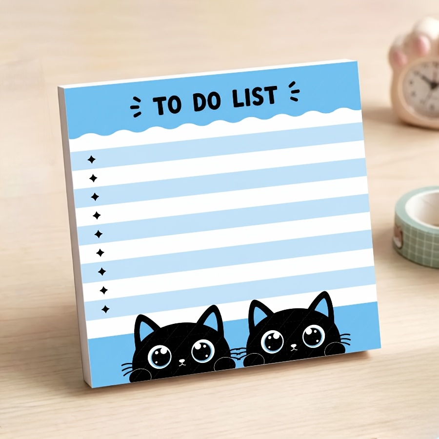 TEMU Cute Black Cat To Do List Non-sticky Notepad, Kawaii Blue Striped Tear-off Memo Pad, Pre-lined Checklist For Office School Desk Decor And Cat