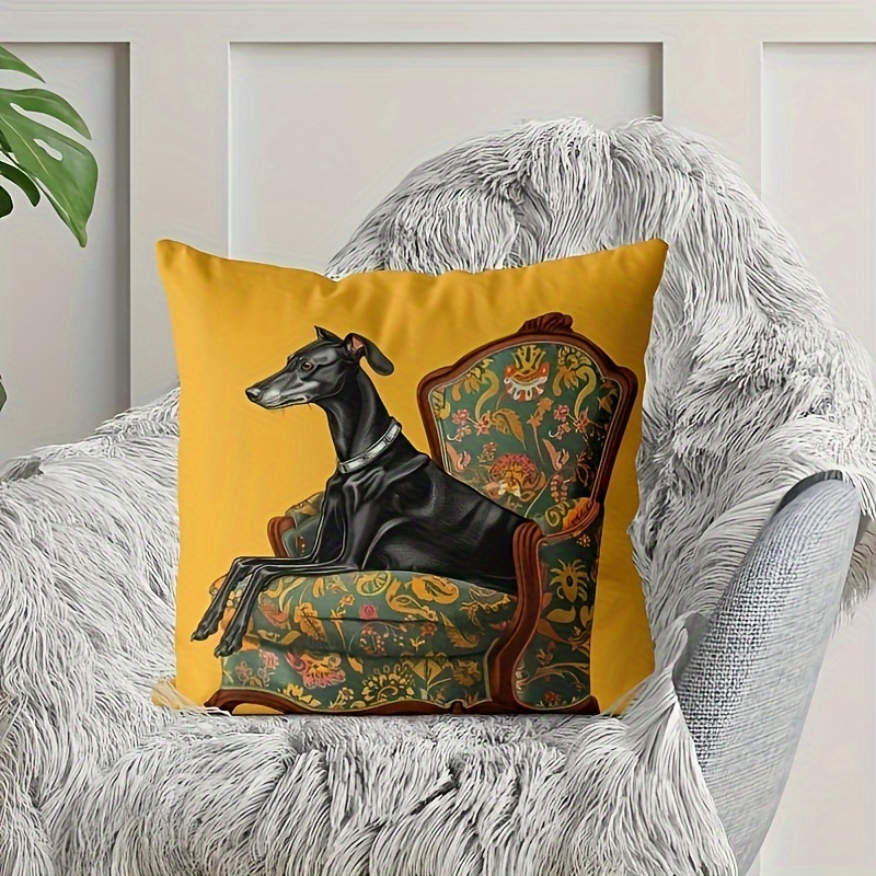 

1pc Greyhound Decorative Throw Pillow Cover, 18x18 Inch, Soft Plush, Single-sided Print With Black Greyhound & Floral Armchair Design – Living Room Or Bedroom Home Decor (no Insert), Dog Decor