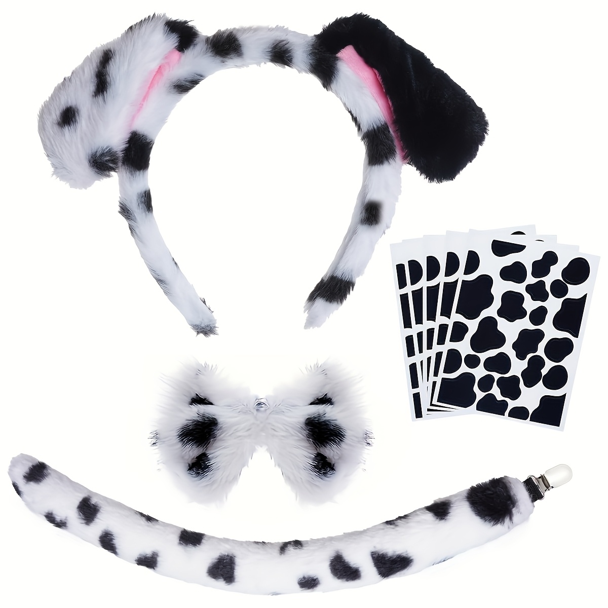 8pcs Dalmatian Costume Accessory Set: Dog Ear Headband, Tail, Bow Tie, And 5 Stickers For 100 Days Of School Costume Props