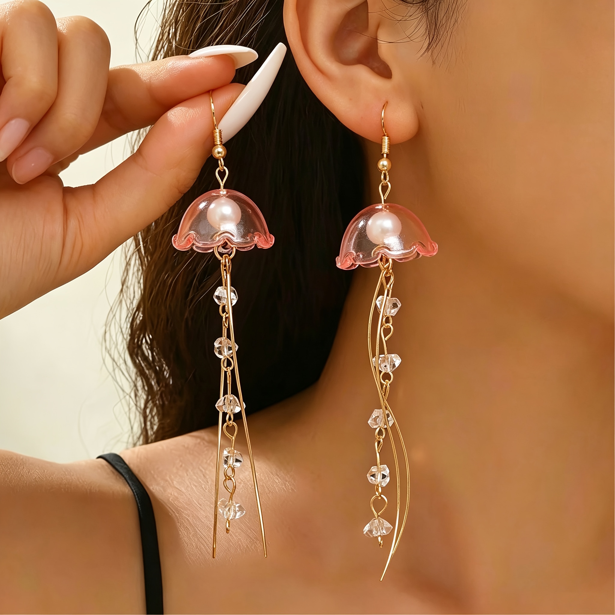 TEMU A Pair Of Jellyfish Tassel Earrings With Inlaid Synthetic Synthetic Zirconia, Featuring A High-end Design. Fashionable, Simple, And Elegant