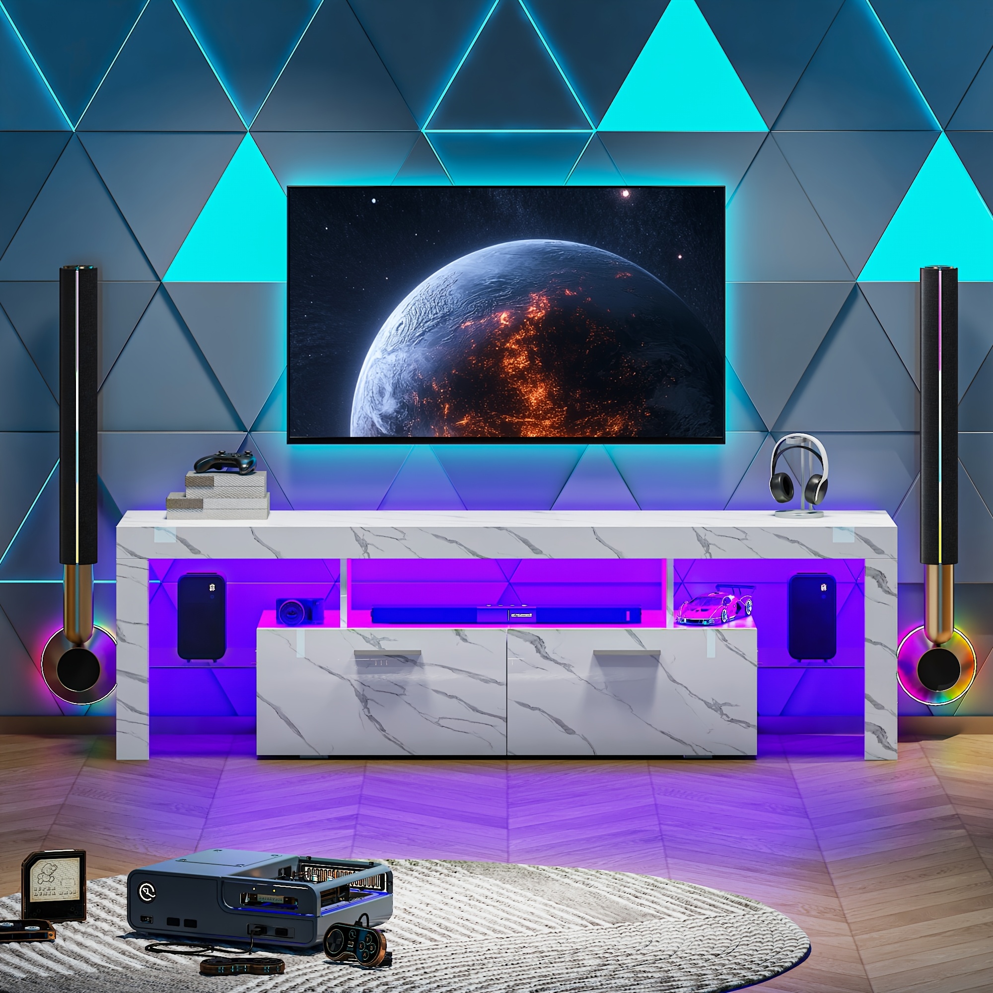 71" High Gloss White TV Stand with LED Lights for 55/65/75/80 Inch TVs, Gaming Entertainment Center with Cabinet for PS5, Modern Media Console Table with Glass Shelves for Living Room, Game Room, Bedroom - Image 7