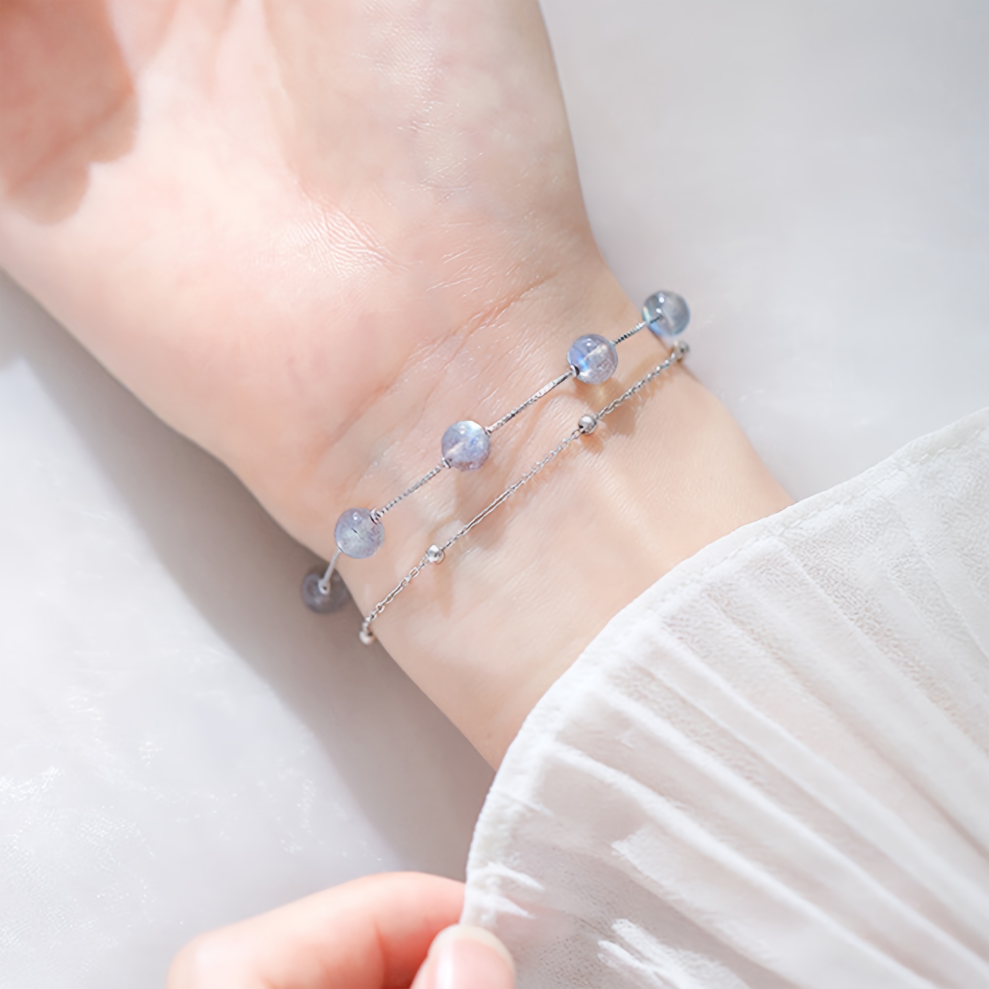 

Genuine Double Layers Bracelet, Sterling Silver With Gemstones Bracelet, Minimalist Jewellery For Mum, Ladies, Anniversary Gift, Birthday Gift, Valentine's Day Gift, Wedding Gift, Chain Length 16+4cm