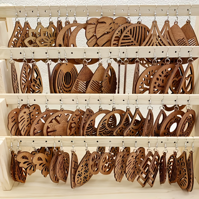 TEMU Set Of 20pcs (10 Pairs) Of Vintage Bohemian Hoop Earrings Featuring Pumpkin, Drop, Leaf Designs, And Wooden Earrings, Wear, Vacations, And Holiday Gifts