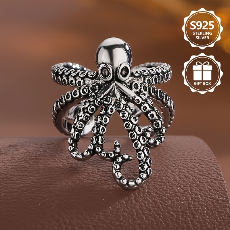 925 Sterling Silver Octopus Ring, Vintage Chunky Unique Design