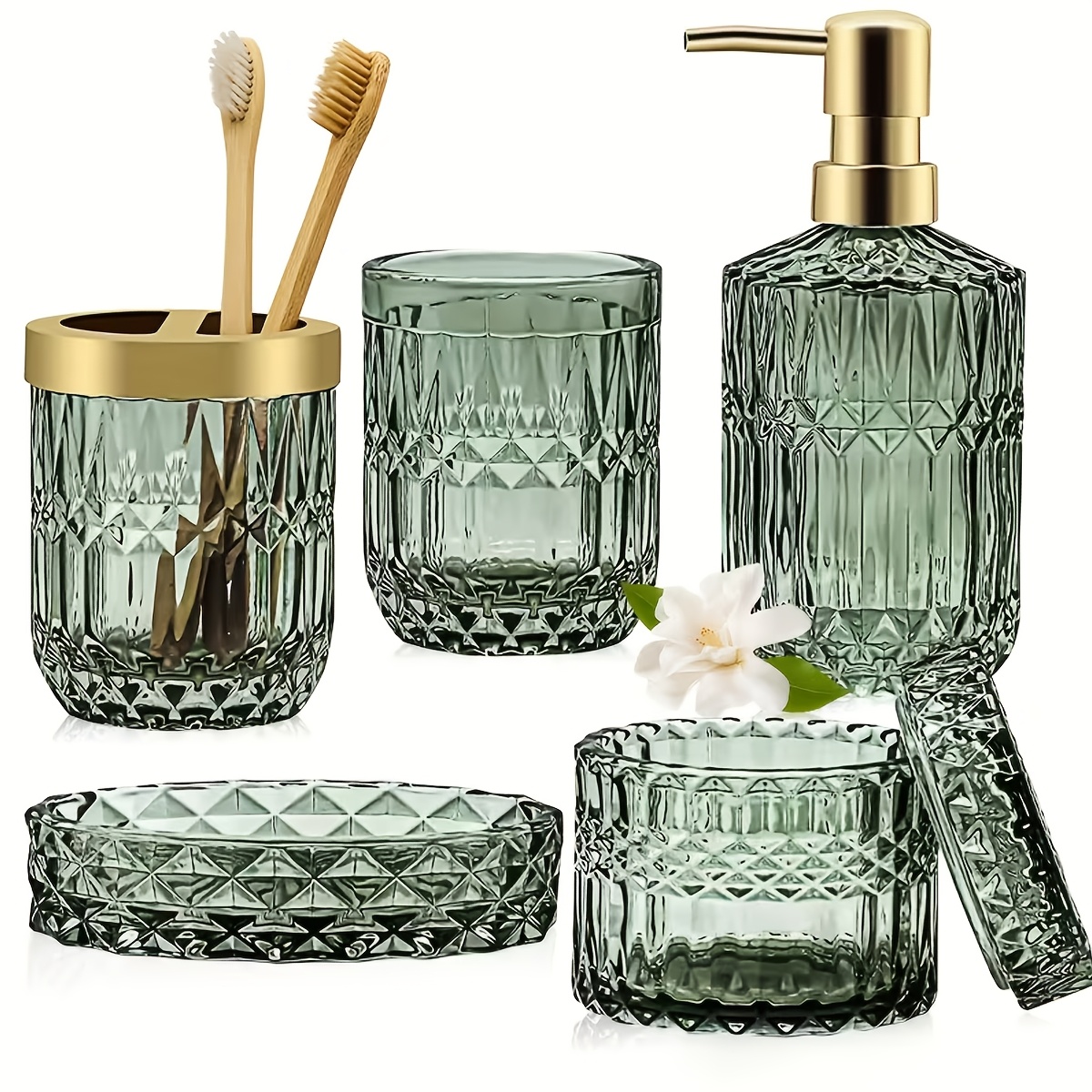 TEMU Ensemble de rangement de salle de bain 5 pièces avec boîtes en verre - Élégants récipients en verre cristal adaptés aux de bain , multi- avec