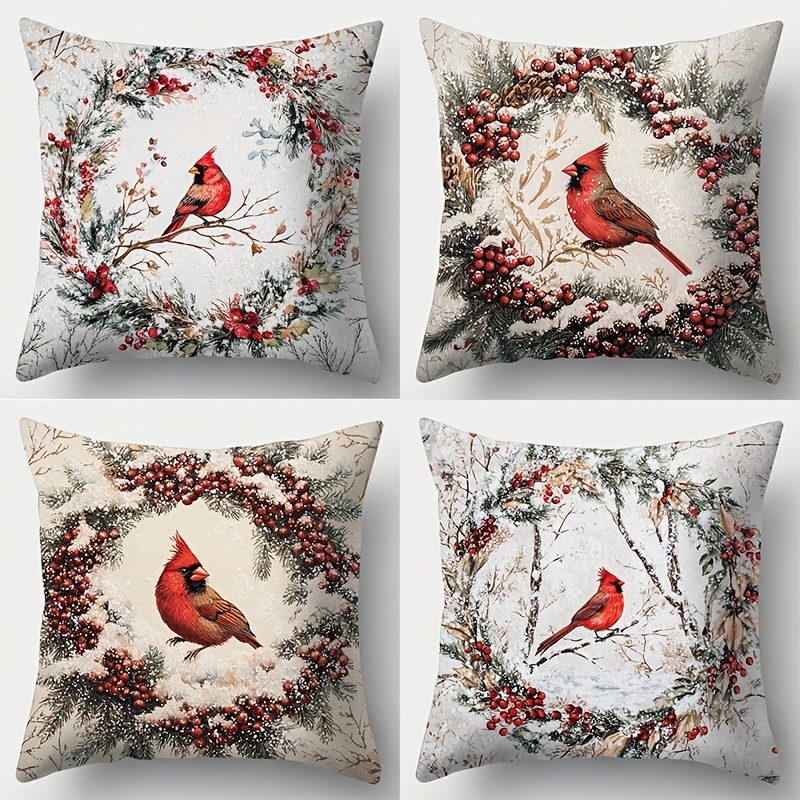 

4pcs Red , Hugging A Little Wild Bird, Both On High-quality Fabric. Suitable For Winter Christmas Living Room Bedroom Sofa Bed Decoration Without Pillow Core