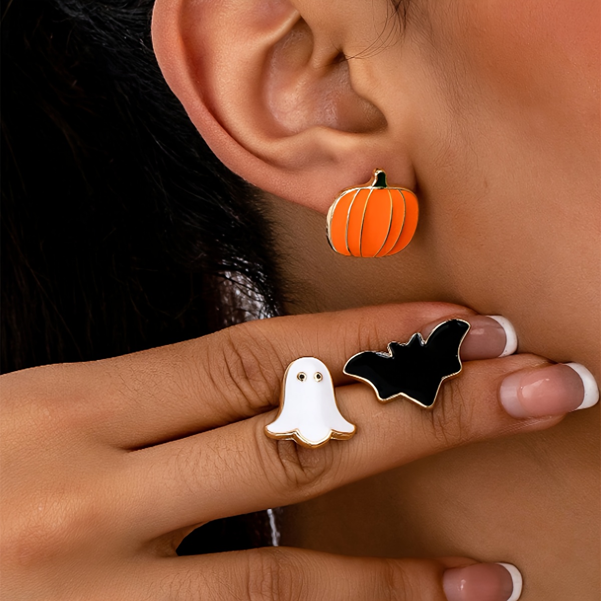 TEMU 3 Paires/Ensembles Halloween Effrayant Métallique Orange Citrouille, Chauve-souris, , Boucles d'Oreilles Dame Blanche, Bijoux de Fête Uniques et