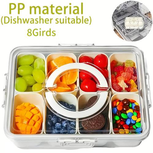 1 2pcs 8 compartment clear divided snack container with lid handle dishwasher microwave safe portable charcuterie tray for fruits veggies candy nuts reusable for lunch salads snacks ideal for travel camping picnics meal prep