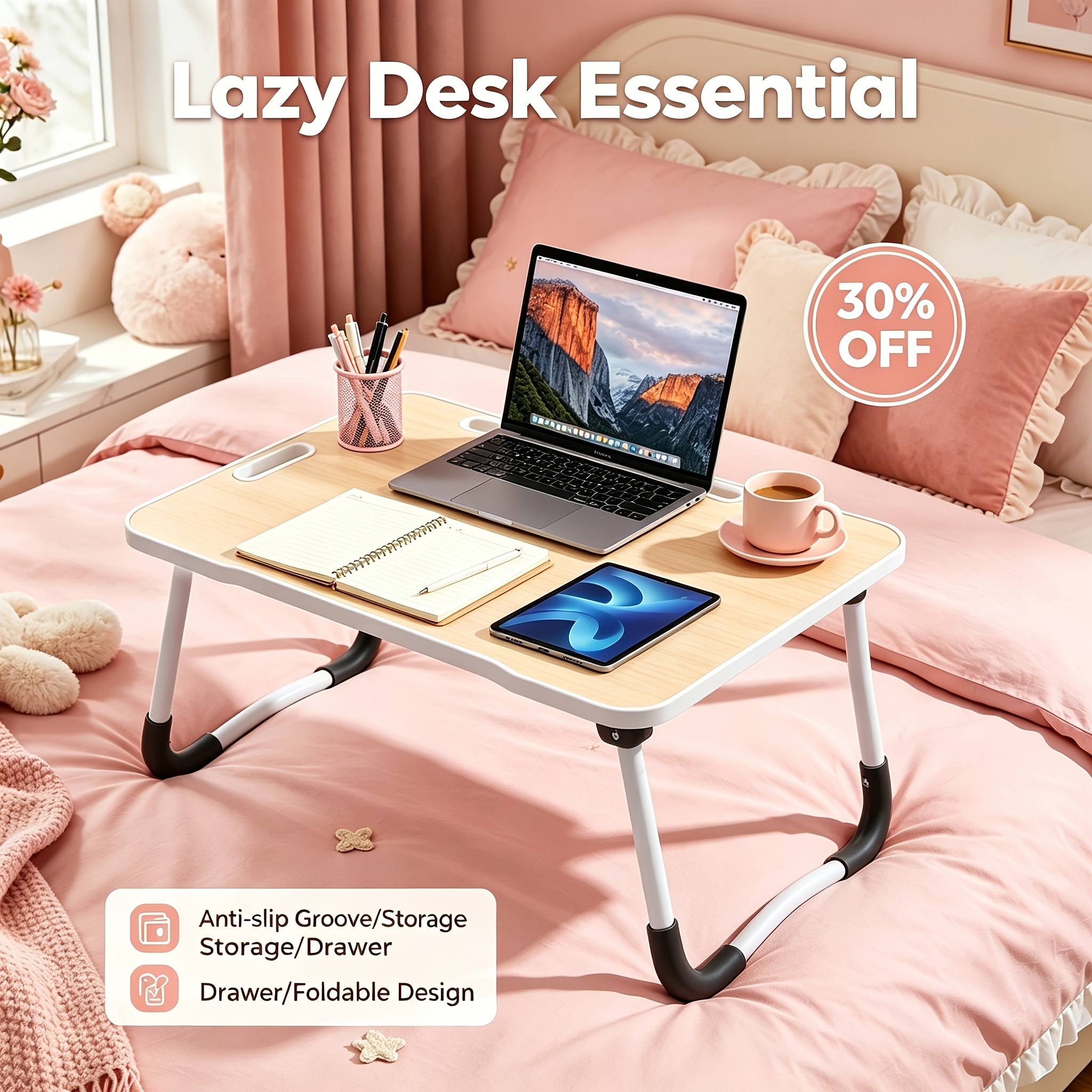 portable folding bed table with multifunctional tray storage drawers cup holder compact laptop desk suitable for bedside sofa use space saving writing table with card holders for dorm office small spaces for