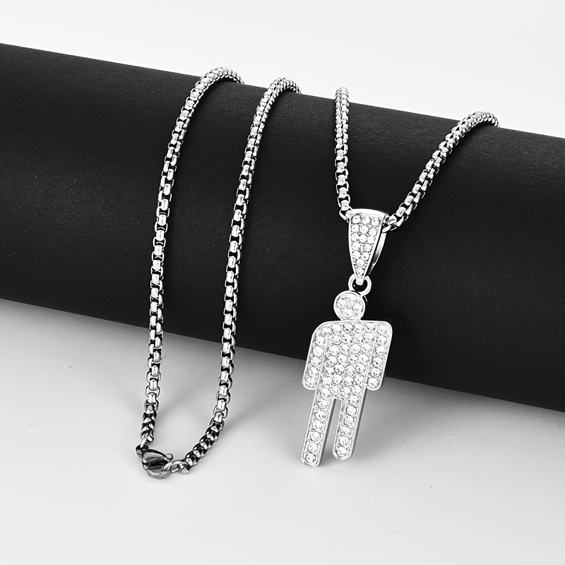 

Fashion Hip Hop Street Style Rhinestone Encrusted Bent-head Figure Pendant Necklace With Plated White K Zinc Alloy Chain - Jewelry Accessory For Sweaters