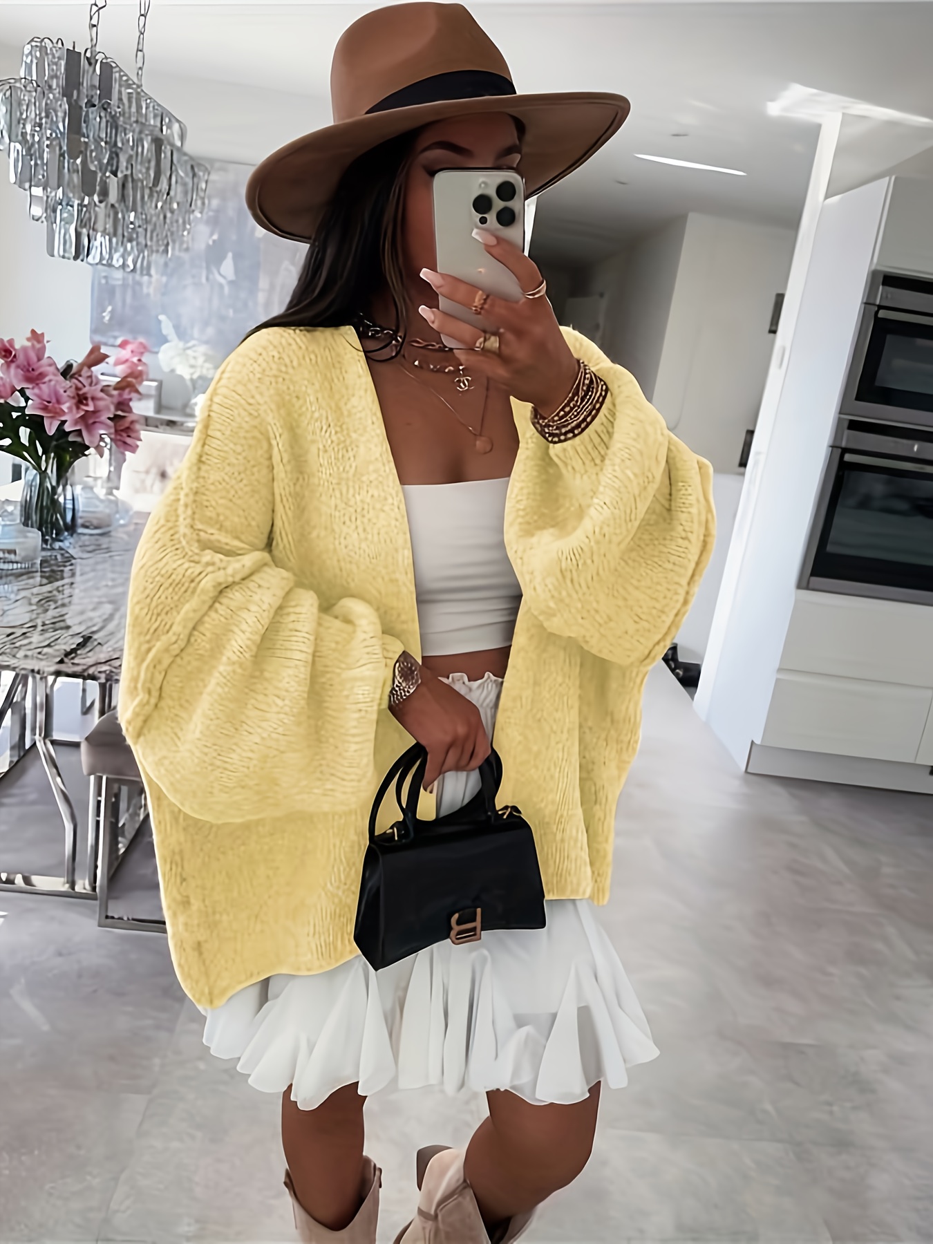 womens light yellow cardigan loose fit long sleeve open Temu