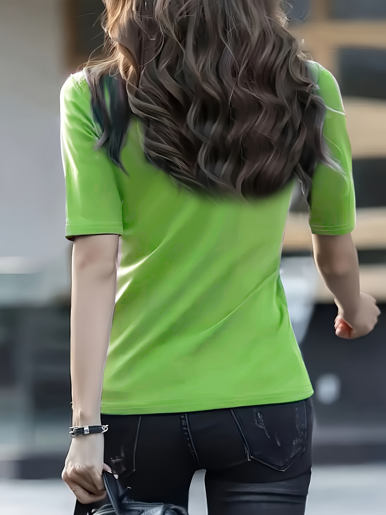 Women's Casual Stretch T-Shirt - Vibrant Green Solid Color, Stand-Up Collar, High Elasticity, Machine Washable, All-Season Comfort Fit, Cute T Shirts, Versatile Clothing, Pearl Necklace Accent