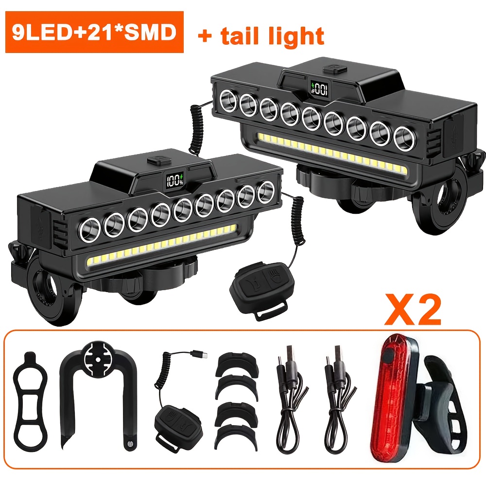 TEMU 2 Set Bicycle Front Light And Taillights, 9led Bicycle Headlight, 7 Lighting , Built-in 4000mah Battery, Bike Taillight With 4 Lighting , , For Mountain Bikes, Road Bikes