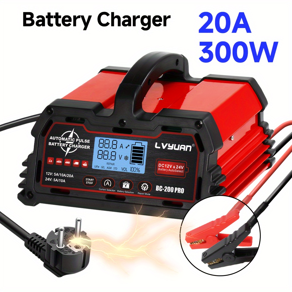 

Chargeur de batterie de 12V/24V 20A, robuste, 0-20A, avec arrêt automatique, réparation, mode hiver, chargeur intelligent à faible et désulfateur, pour bateau, moto, tondeuse à gazon