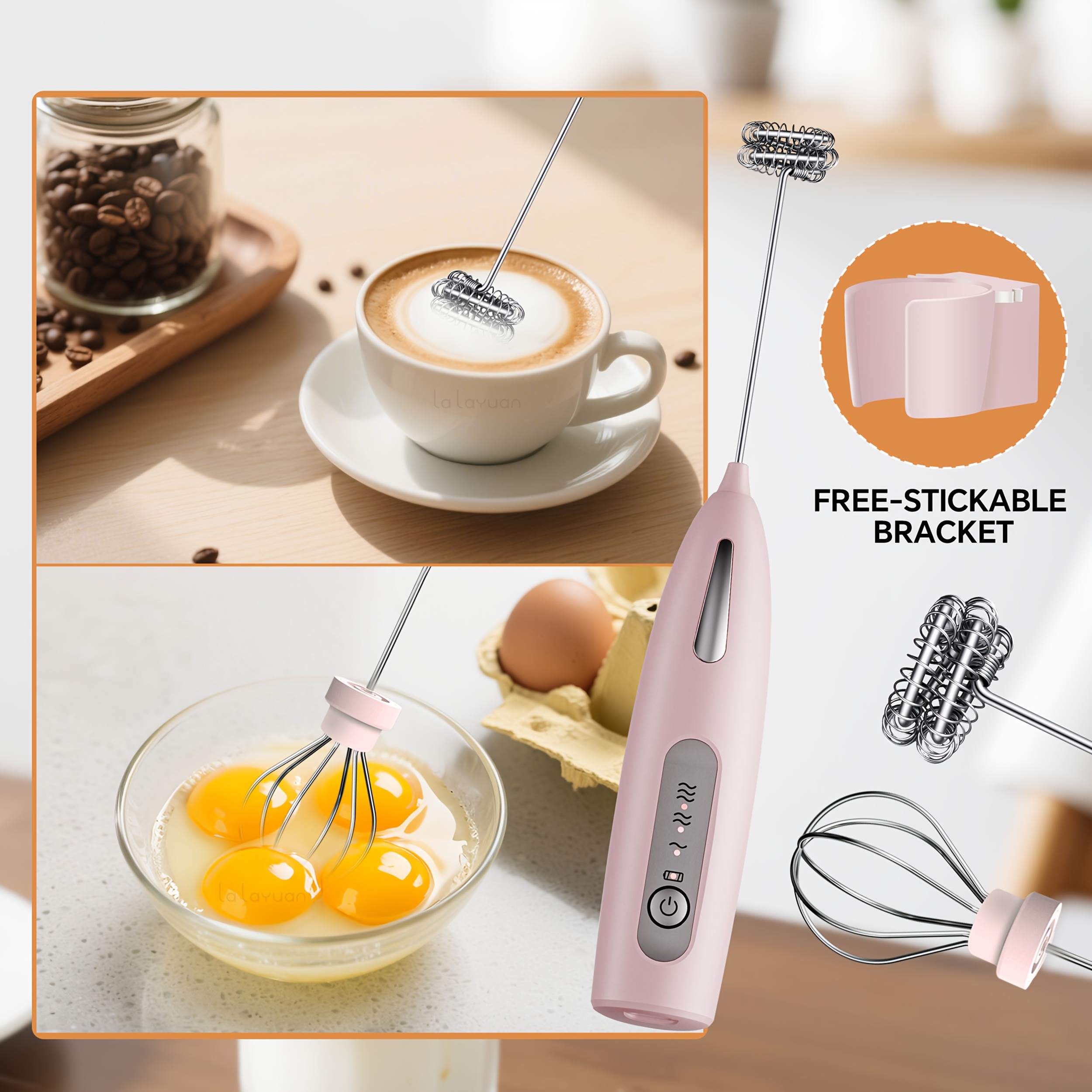 TEMU 3-speed Usb Rechargeable Electric Milk Frother, 1 Optional Head (foam Maker/egg Whisk) | Powerful Handheld Drink Mixer, For Coffee, Cap,