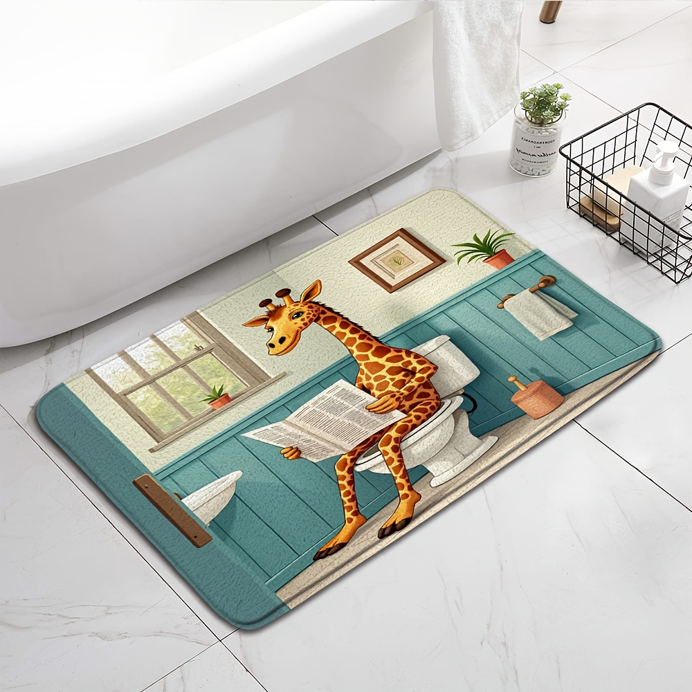 TEMU Bath Mat, 1pc, A Very Innovatively Designed Rug Featuring A Giraffe Reading A Newspaper Pattern. Machine Washable, Made Of Flannel Material, A