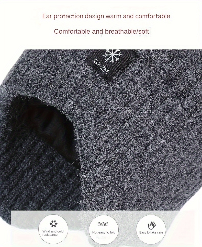 [Popular Choice] Warm & Cozy Men's Winter Beanie with Ear Flaps - Thick Fleece-Lined, Cold Weather Knit Hat, Perfect for Dad, Black & Gray Options details 3