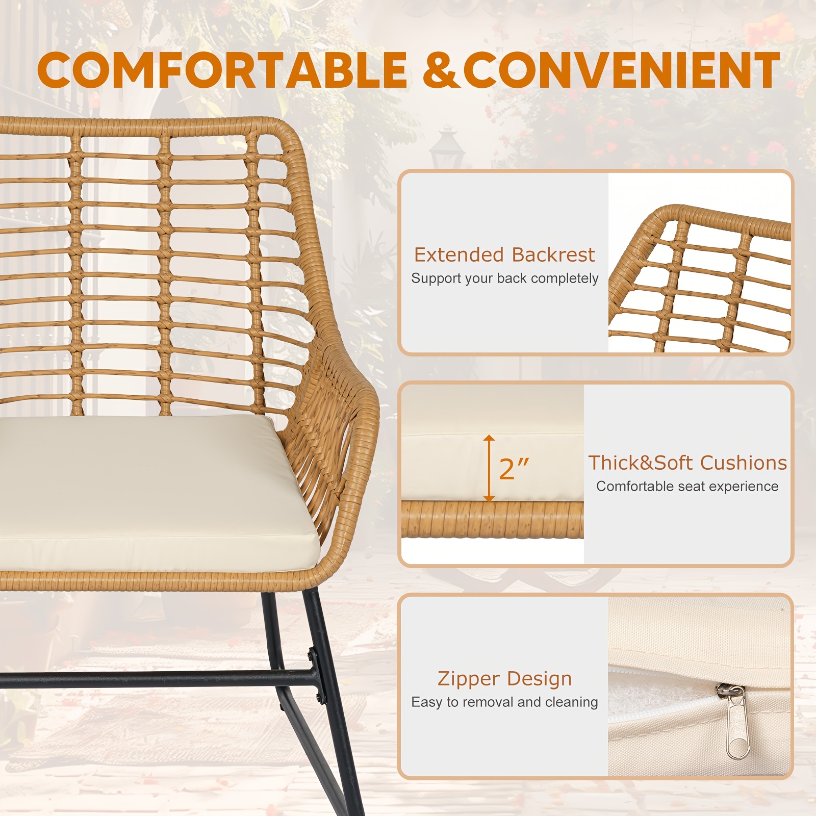 4pcs Outdoor Patio Furniture Collection • Rattan Bistro Set Featuring Cushions & Table • Wicker Loveseat for Conversations in Your Backyard, Balcony, Or Garden