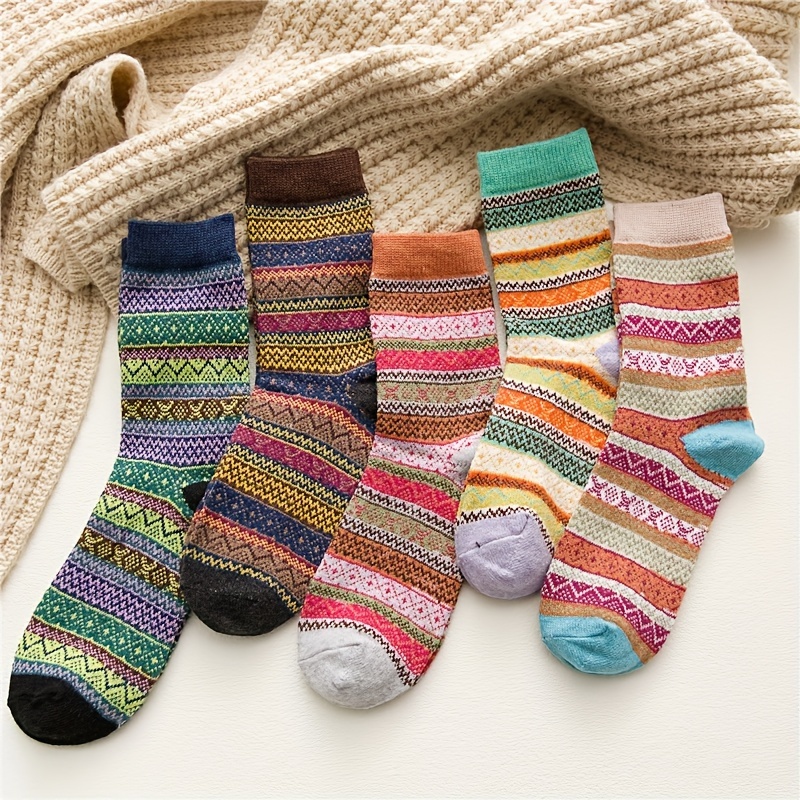 

5-pack Women's Woolen Socks, Ethnic Pattern, Warm, Mid-calf, Striped, Polyester, Cotton, Wool, Spandex, Nylon, Rabbit Hair, Machine Washable, Short Socks, Fashion Accessories, Women's Clothing