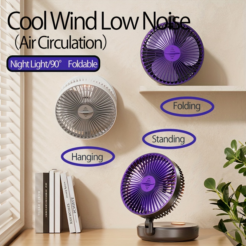 1pc 3 in 1 rechargeable circulation fan versatile compact foldable desktop wall mount fan with 4 adjustable   quiet brushless motor warm night light feature   traceless hook ideal for office home outdoor use portable fan details 7