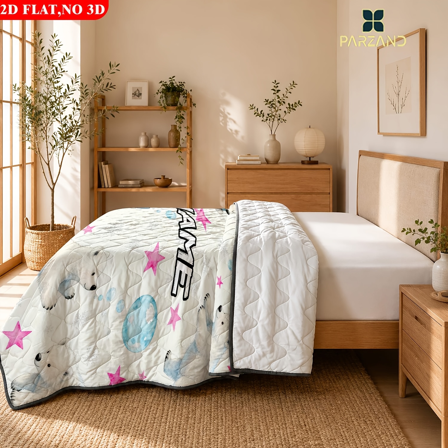 Custom Name Cute White Bear Lightweight Summer Quilt
