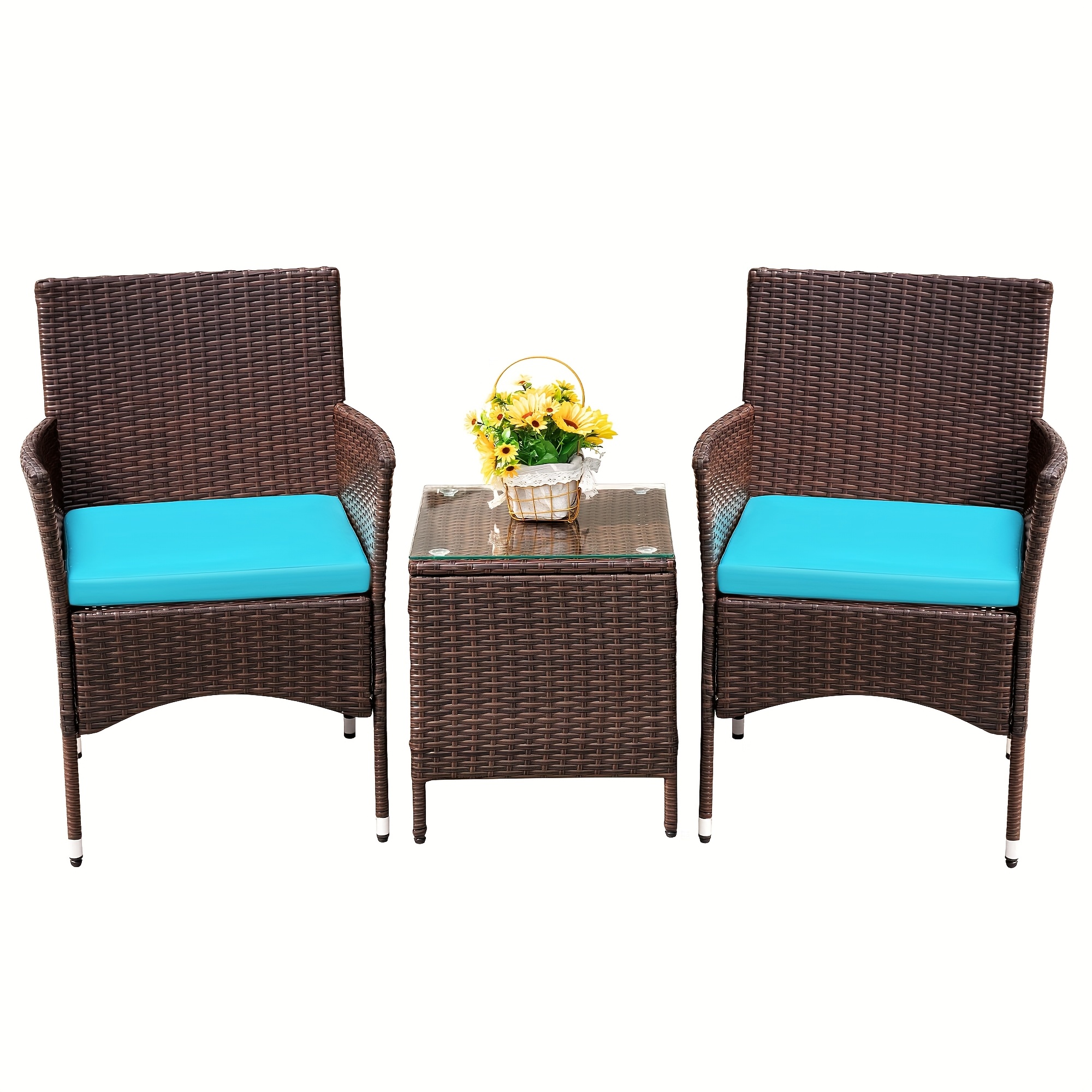 3pcs Rattan Outdoor Patio Set Wicker Conversation Set with Cushion Glass Coffee Table