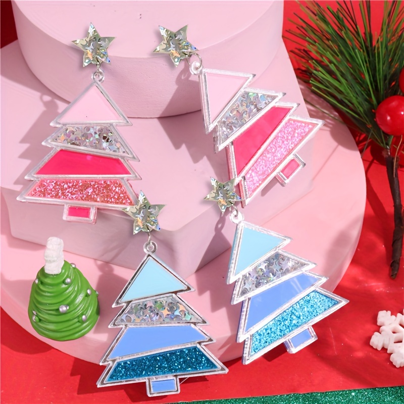 

Sparkling Christmas Tree & Star Dangle Earrings - 925 Silvery Posts, Acrylic, Holiday Parties & Gifts