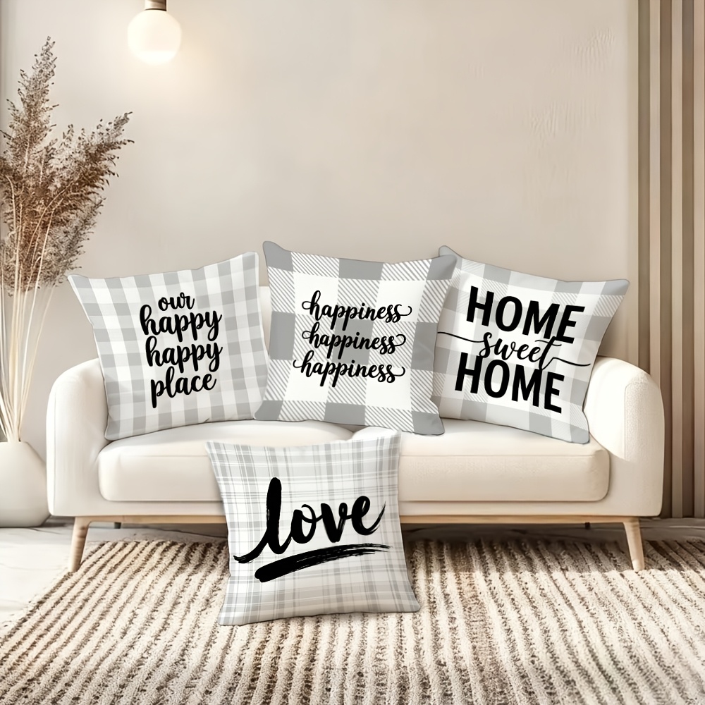 TEMU This Set Of 4 Cozy-themed Decorative Pillow Covers Combines Text With Classic Patterns To Convey The That ' The Of Happiness And Love