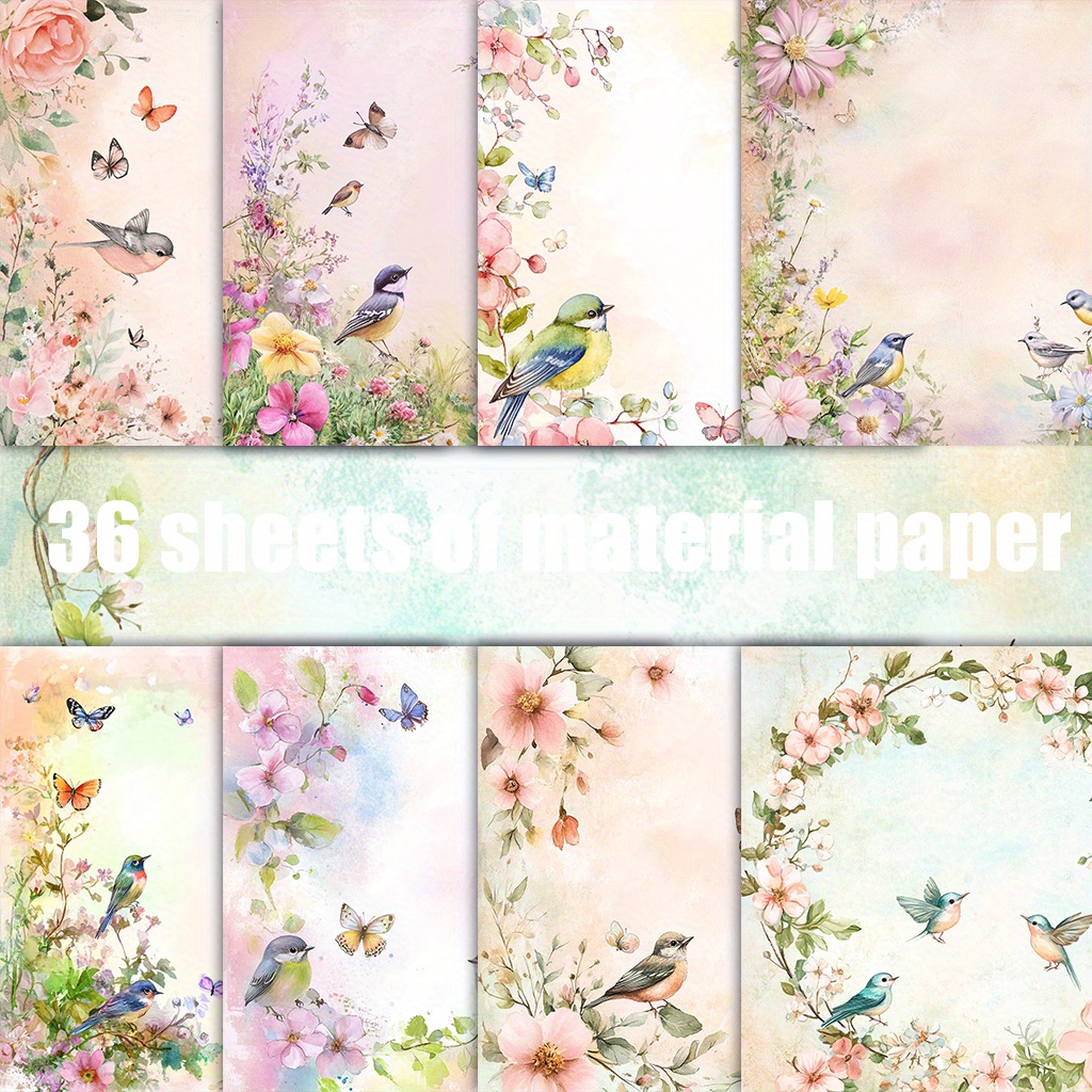 E-shop 36 nicht wiederholende Blumen, Vögel, Schmetterlinge, Aquarell--Papier, dekoratives Papier geeignet für Retro-Tagebuch-Geschenkverpackung,