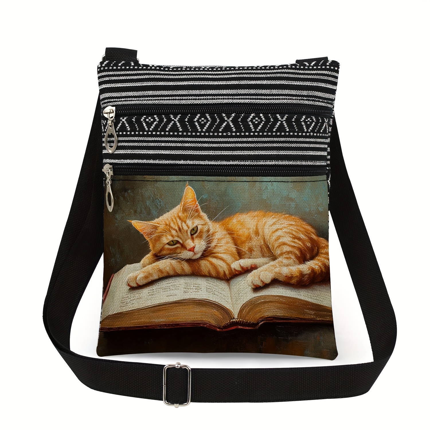 

Stylish Men's Crossbody Bag With Unique Book & Cat Print - Adjustable Strap, Polyester, Perfect For Daily Commute - Great Birthday Gift