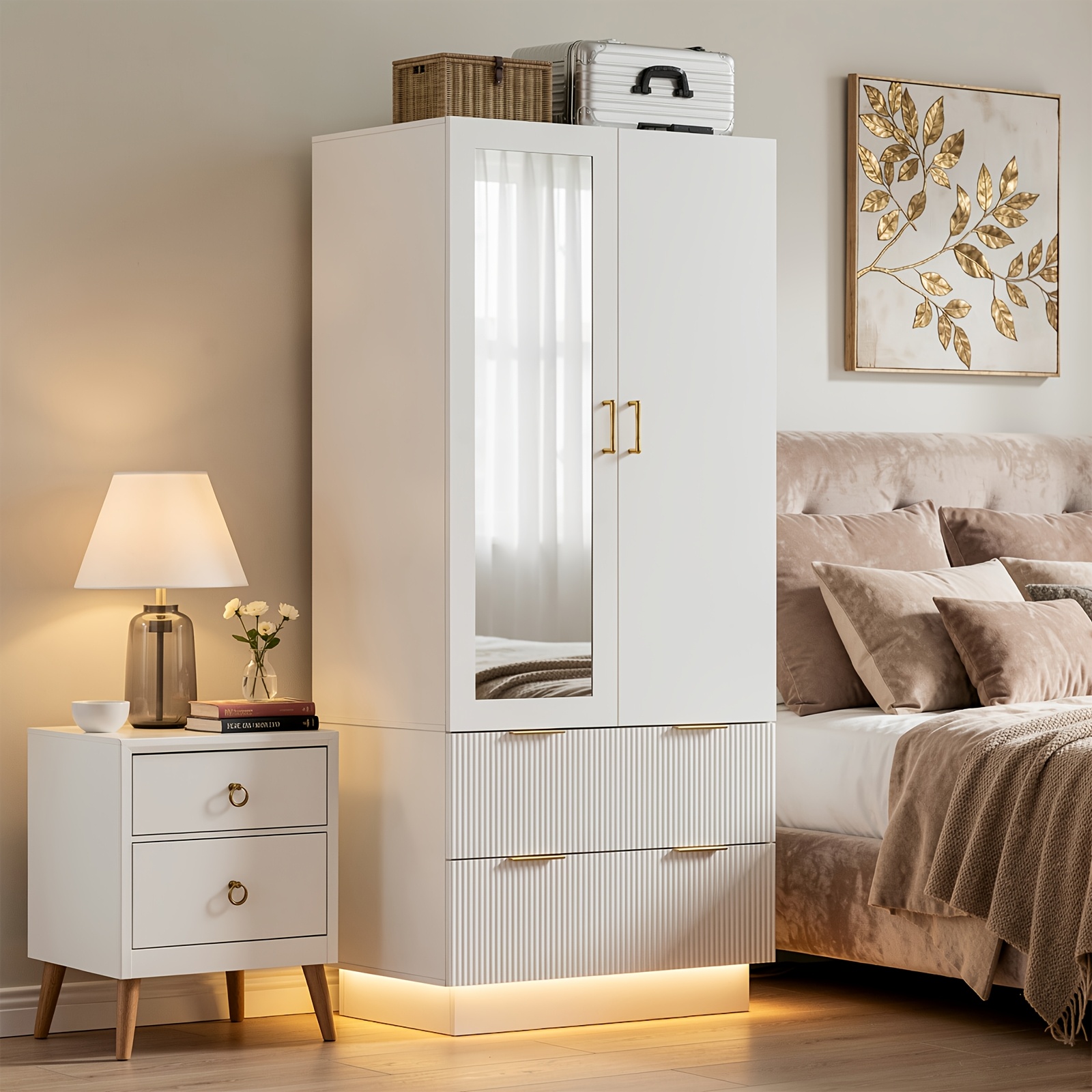 White Double Door Wardrobe With Mirror And 2 Drawers, , Suitable For Bedroom, Hallway, -in Closet, 178 X 80 X 50 Cm
