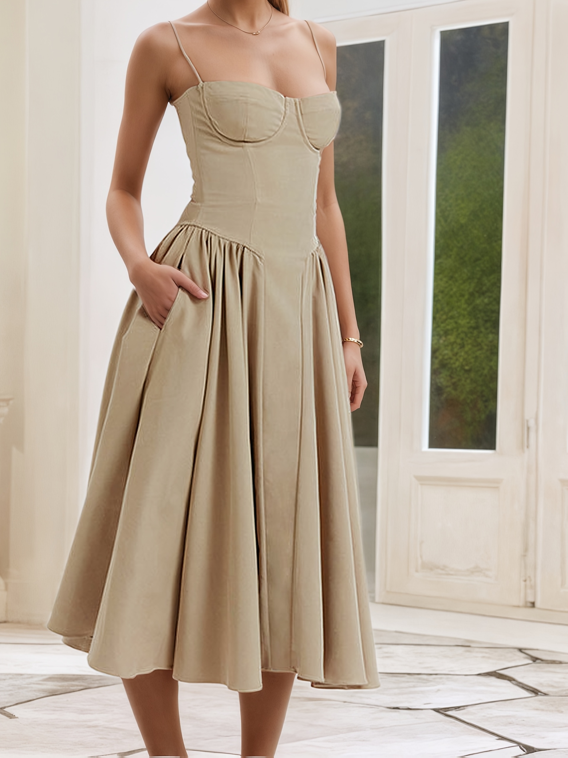 elegant off shoulder midi dress polyester solid color sleeveless slip dress with chest pad flared hem and dipped hem adult women and date night details 0