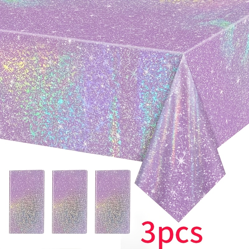 TEMU 3pcs Holographic Laser Purple Tablecloths With Rainbow Sparkle, 54*108 Inches Disposable Plastic Tablecloth, Perfect For Birthday Parties,