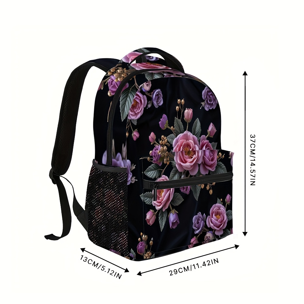 TEMU 1pc Vintage Floral Backpack With Pink & Red Background - Adjustable Straps, Spacious Compartments, 2d Flat Printing, School, Travel, Valentine's