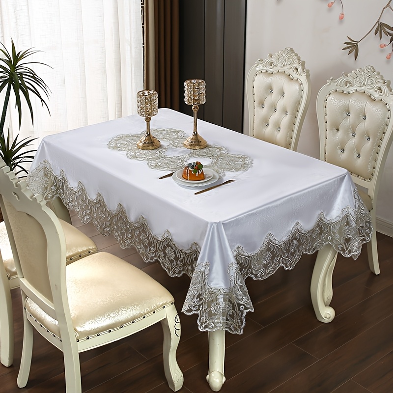 1pc white polyester rectangular tablecloth with   lace trim elegant european retro   for weddings mother s day banquets fits rectangular dining coffee tables banquet table setting machineemade fabric