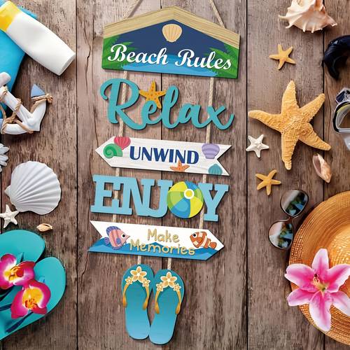 6-teiliges set holz strand schilder, küsten-themen holzplaketten strandregeln wand schilder küsten wanddeko, badezimmer zuhause körper und genuss küste hängeschilder, für familien schlafzimmer/badezimmer/pool garten hängeschilder