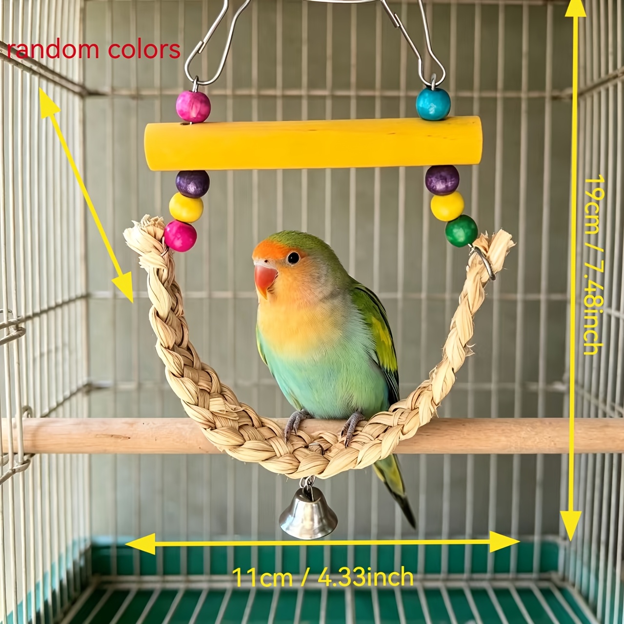 TEMU 1pc Random Colors Toy, Woven With Bells And Colorful Wooden Beads, For Parakeets, Cockatiels, And Lovebirds To Boredom, Chew, And Hang