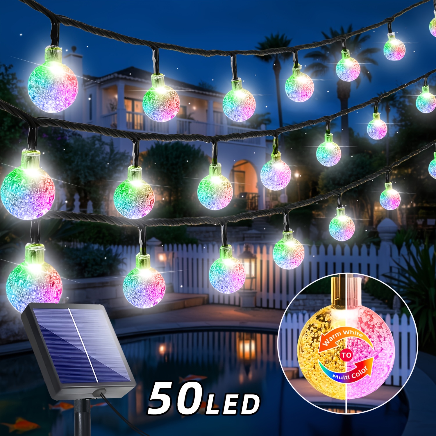 TEMU Guirnalda de luces de solares RGB de 100/50/20, conmutables entre de y colorido, 11 efectos de iluminación, alimentadas por energía solar. luces