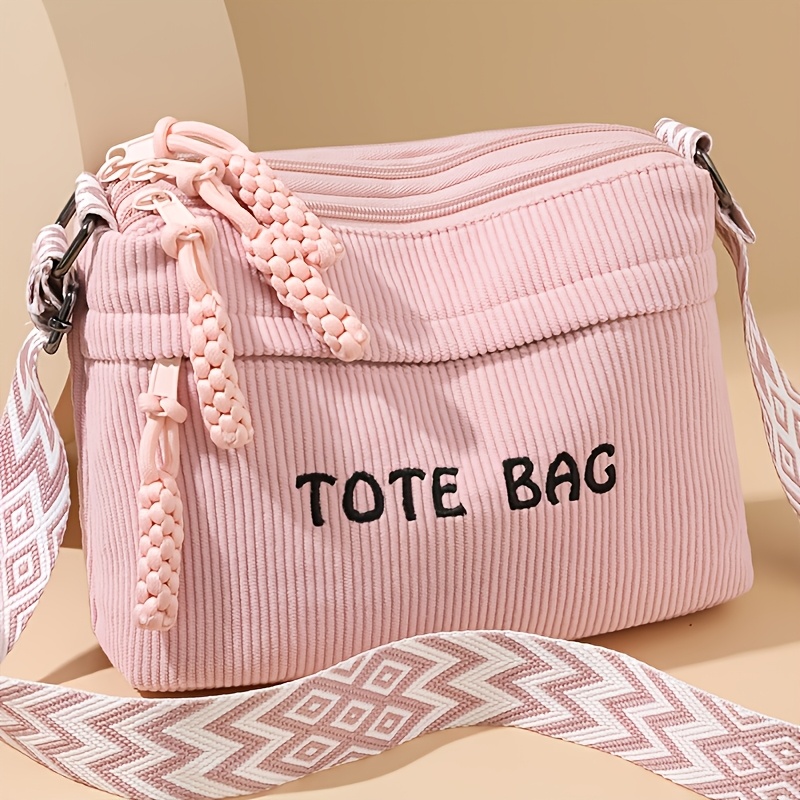 TEMU New Stylish Solid Color Corduroy Shoulder Bag With Multi Pockets Large Capacity Crossbody Bag Simple Letter Square Bag With Adjustable Strap Hand Multi Functional Handbag For Daily