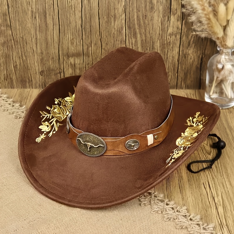 TEMU Chapeau de cowboy western vintage unisexe en daim souple à double surface avec et broderie florale, avec cordon de serrage ajustable et