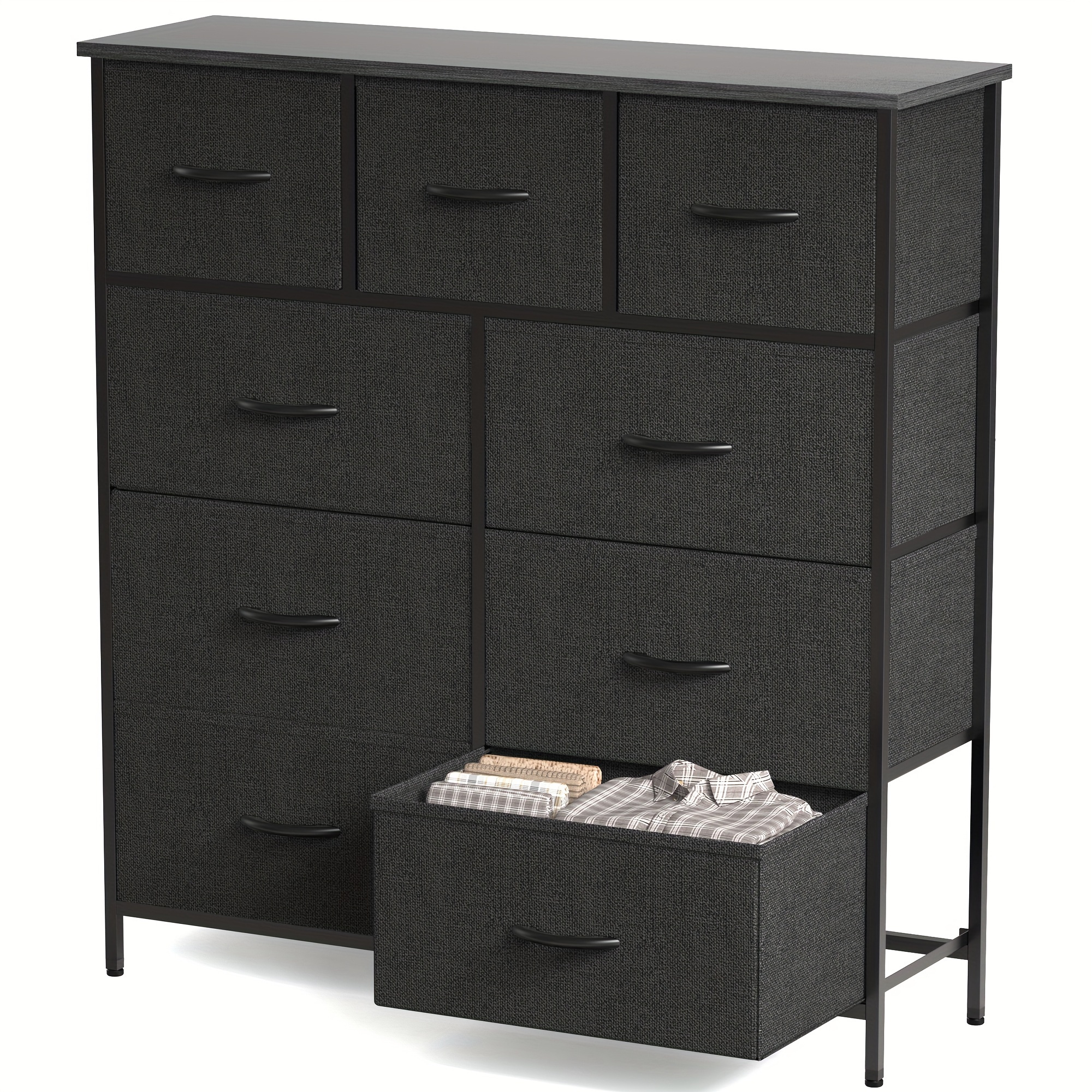 

9 Drawers Dresser For Bedroom, Kidsroom Furniture, Tall Chest Tower, Storage Organizer Units For Clothing, Closet, Fabric Bins, Wood Top, Steel Frame, Lightweight, Assemble Tools Include