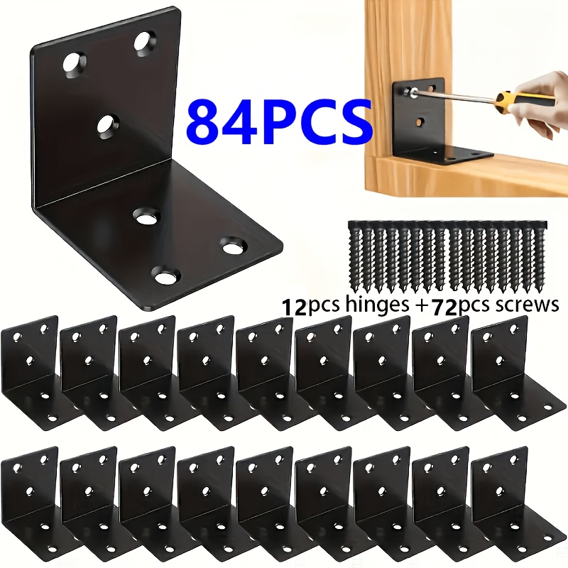 TEMU 84pcs Heavy Duty Black Metal Corner Brace Set, 12pcs Angle Brackets And 72pcs Screws, With Pre-drilled Holes And Rounded Edges, Suitable For
