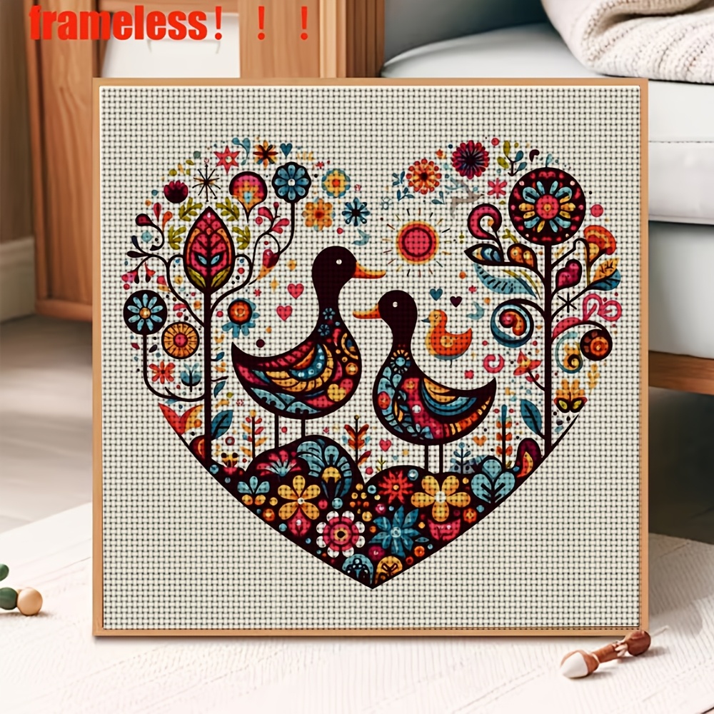 DIY Cross-Stitch Printed Kit 'Pair of Ducks, Flowers, and Birds'