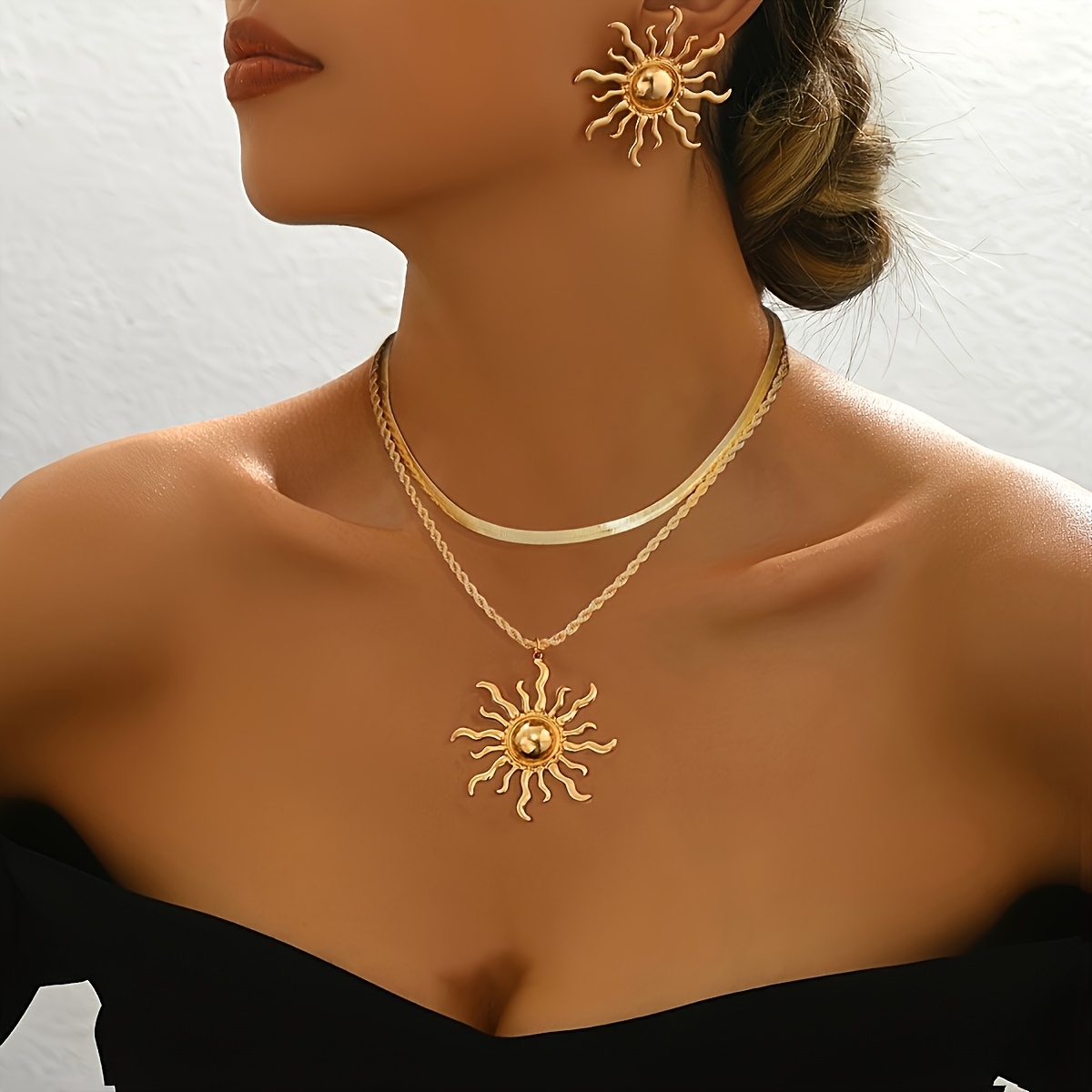 E-shop 3-teiliges stilvolles Sonnenanhänger-Set für Damen – Kreatives, vielseitiges Metall-Schlangenkettchen-Mehrschichtschmuckset, ideal für