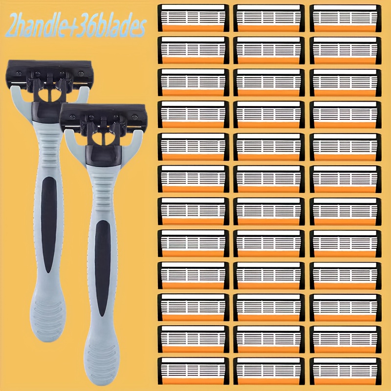2 Handles + 36pcs Of 6-layer Stainless Steel Safety , Men's Manual Razor Replacement