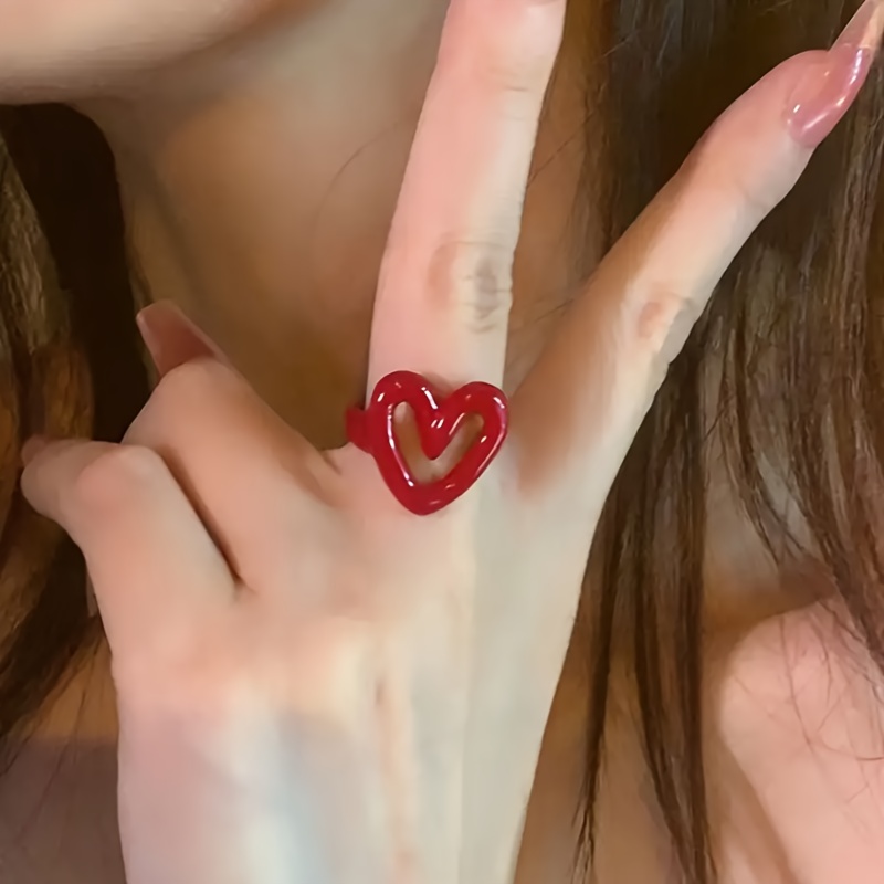 European Adjustable Heart-shaped Women's Ring, White And Red Alloy Ring Suitable For Daily And Party Wear