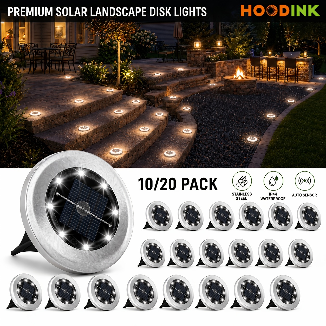 TEMU 10/20 Pack Outdoor Solar Stainless Steel Ground Lights, 8 Led Ip44 Waterproof Solar Floor Lamps, Garden Lighting Decor, Auto Dusk To Dawn Bright