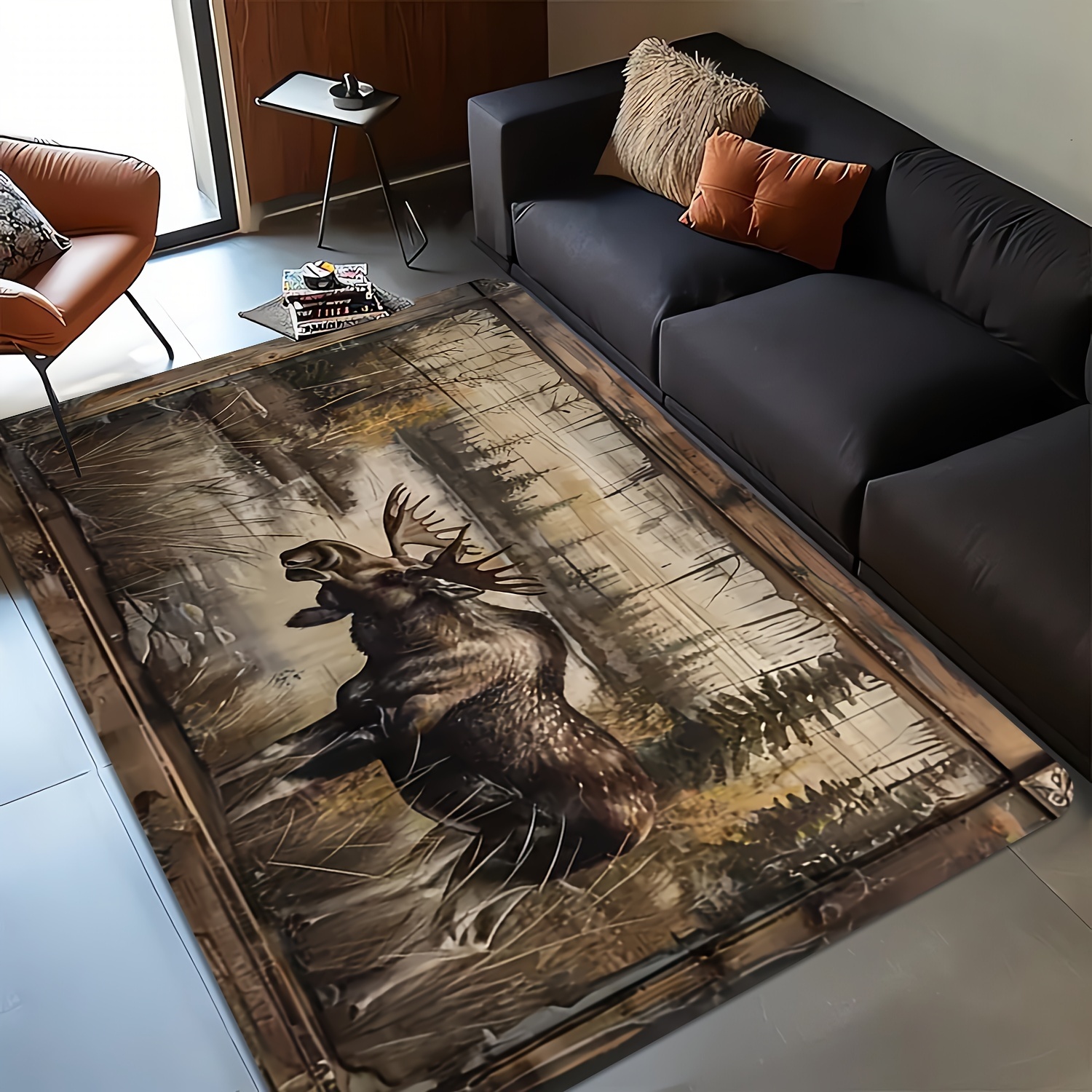 TEMU A Carpet Featuring A Moose Drinking Water Design - Washable - Suitable For Living Room Coffee Tables, Bedrooms, Entrance Mats, And Dining Areas,